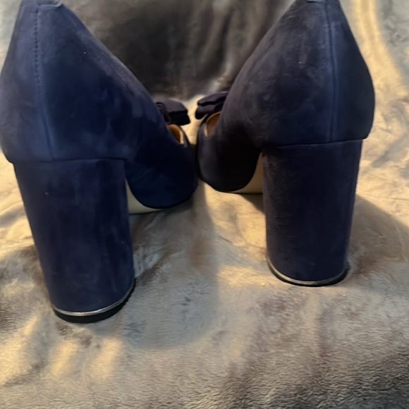 Navy blue suede pumps , block heel 3 inches - Picture 2 of 4